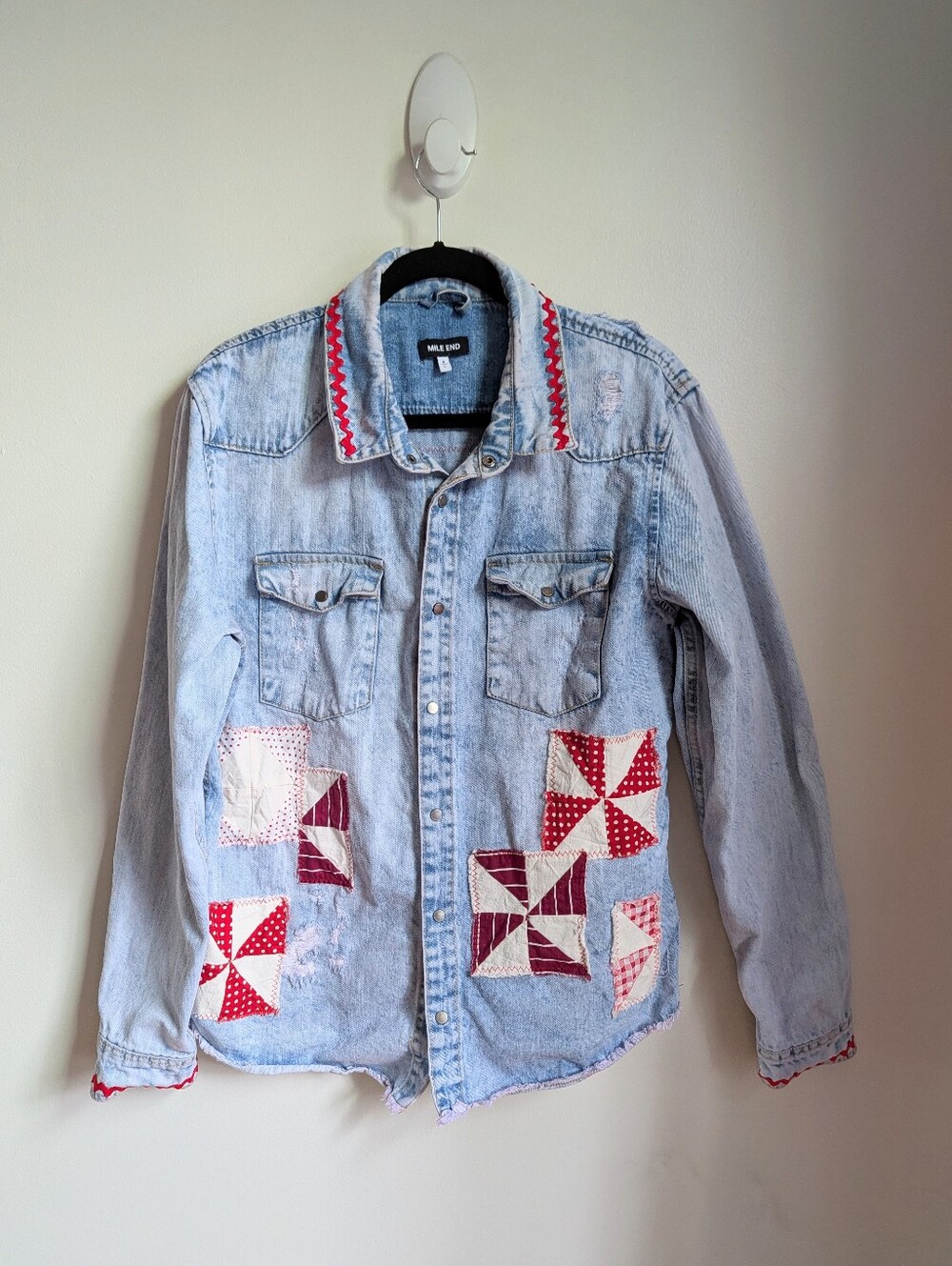 Handmade Light Wash Denim Red Patchwork Cotton Cottagecore Shirt Size Large